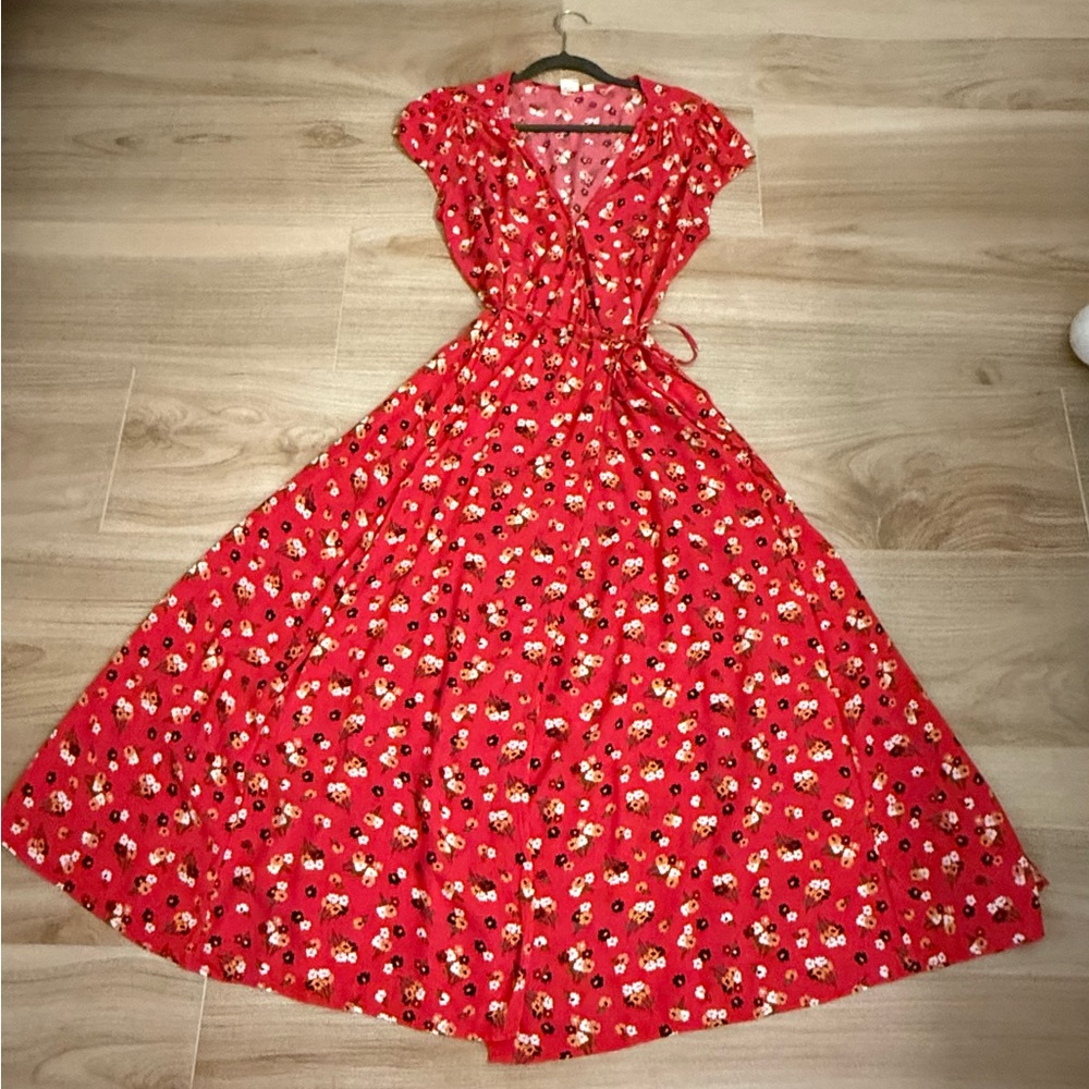 GAP Red Floral Midi Wrap Dress
